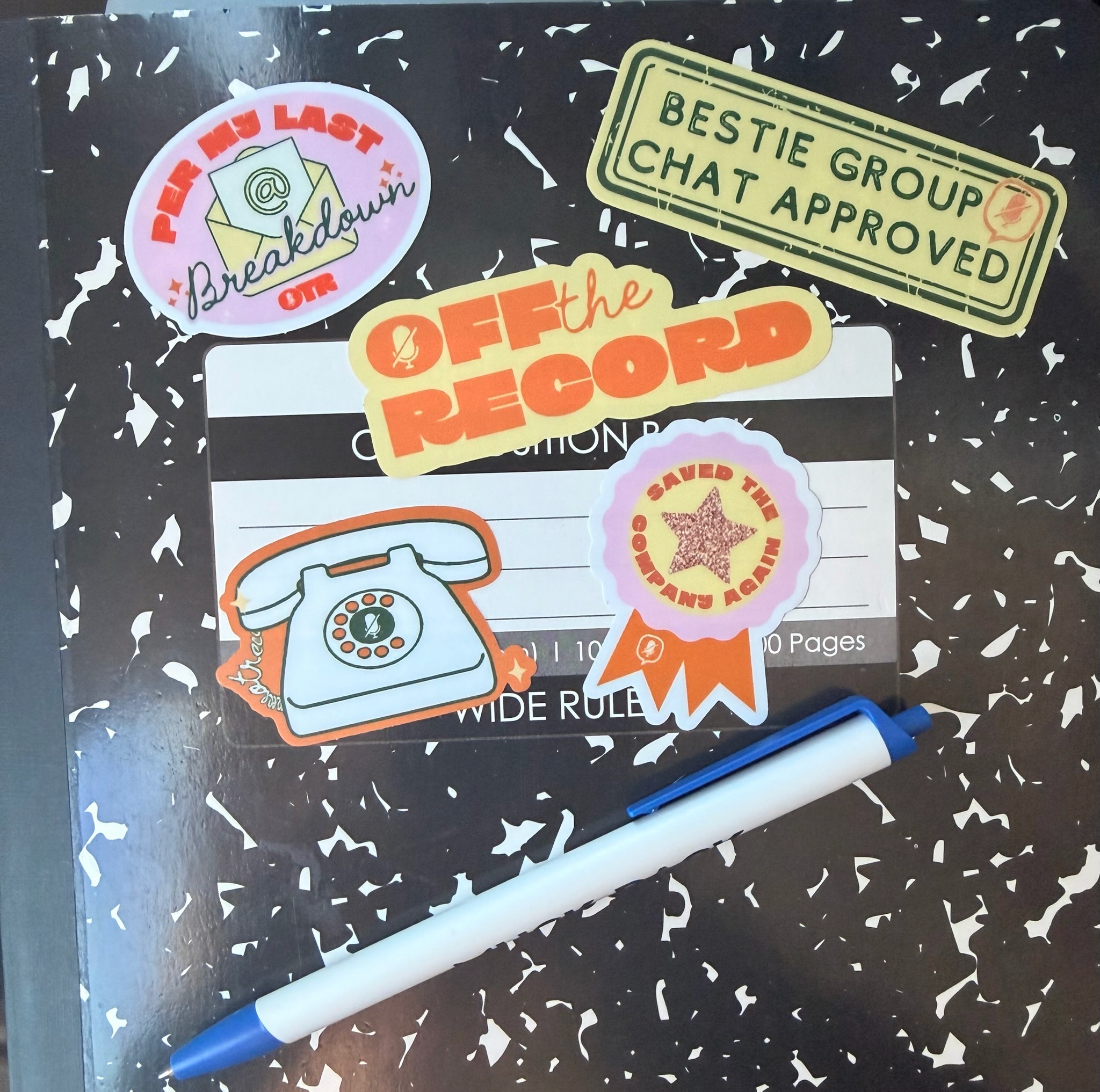 Off the Record notebook and stickers